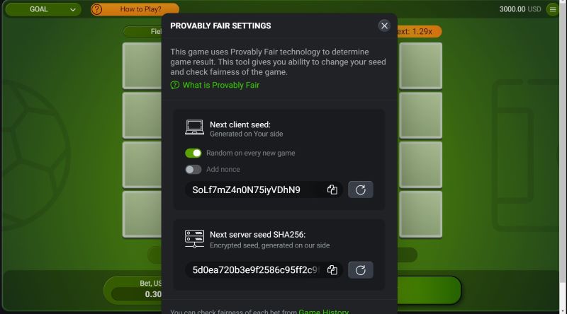 Goal by Spribe Provably Fair settings